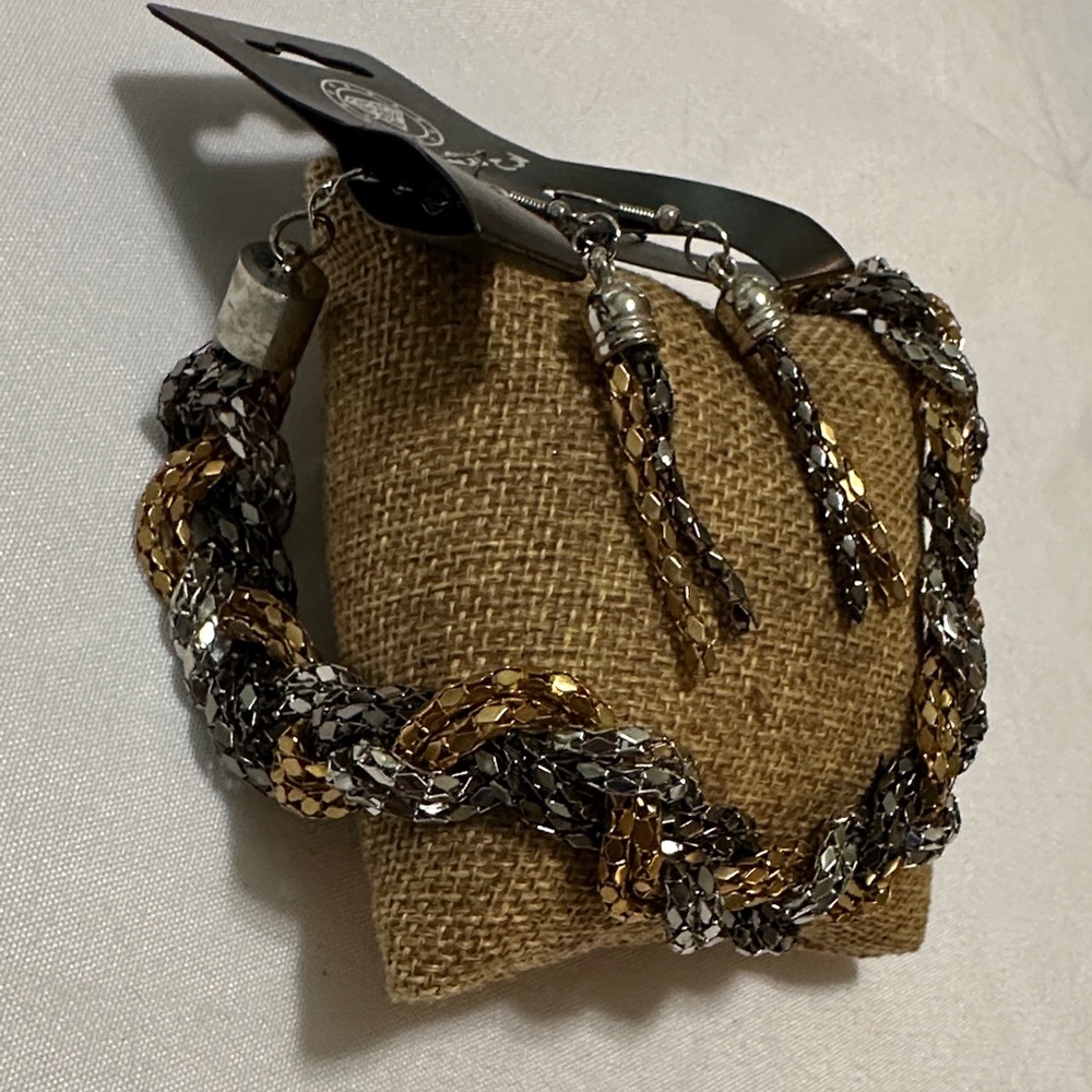 Gold and Silver Braided Necklace and Drop Earrings